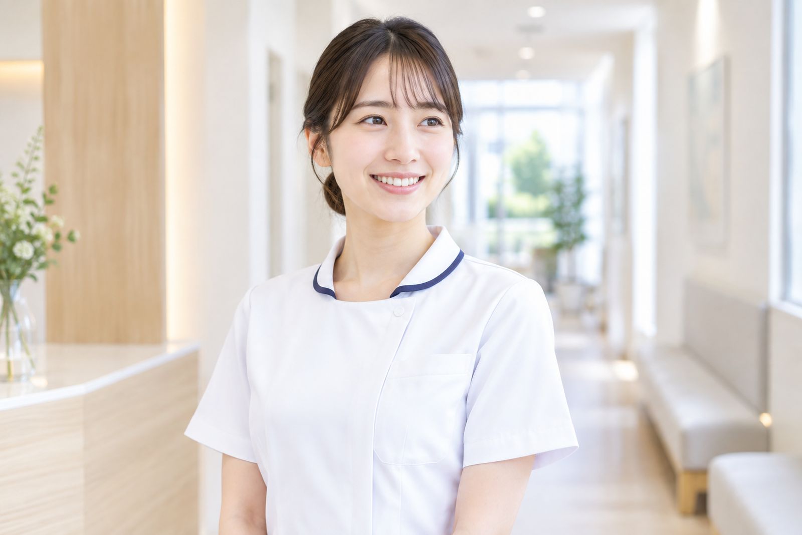 クリニックの廊下で笑顔を見せる看護師