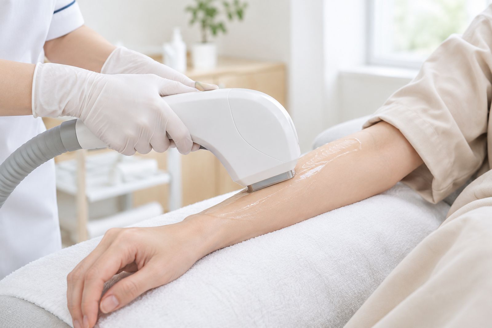 手袋をした看護師の手元。患者さまの腕にレーザー脱毛の機器を当てている
