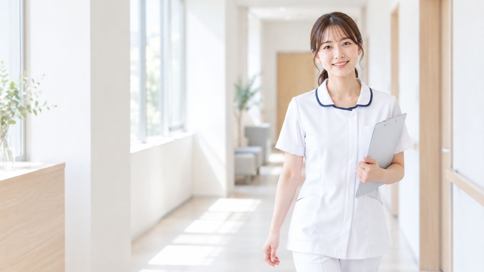 クリップボードを持って廊下を歩く看護師