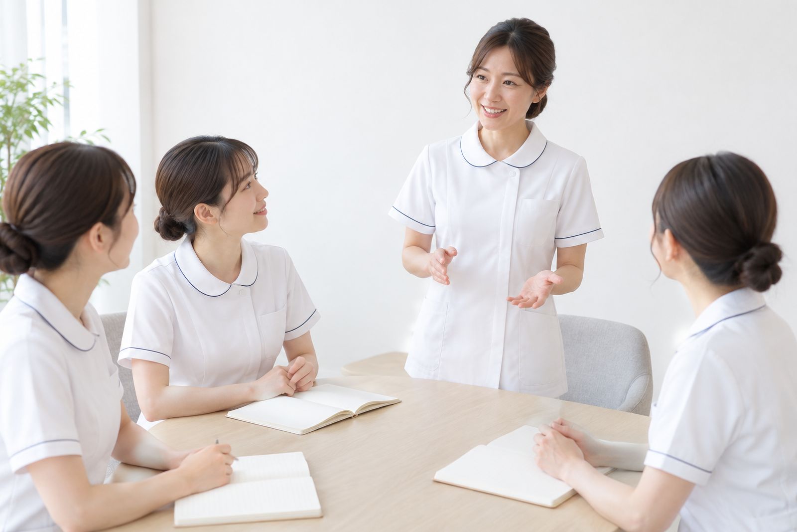 院内の勉強会で後輩に説明する看護師